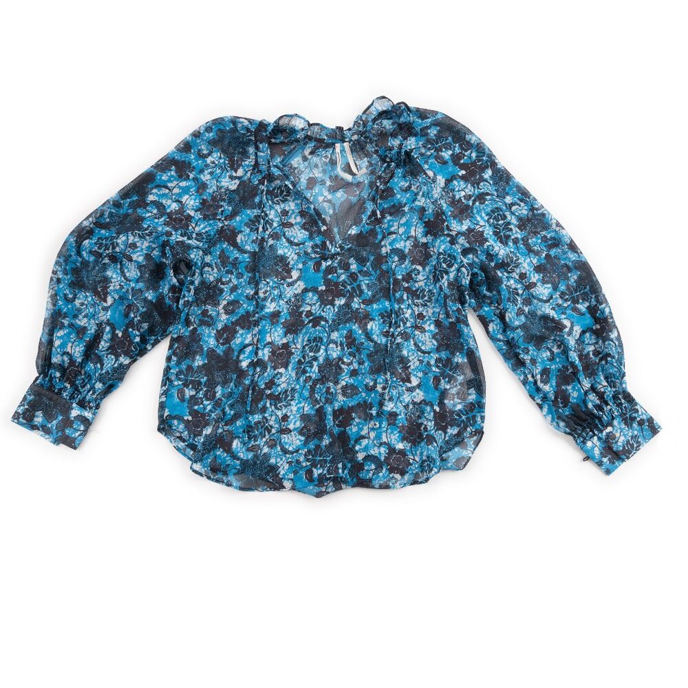 ANTHROPOLOGIE sheer blue black floral print top size XS